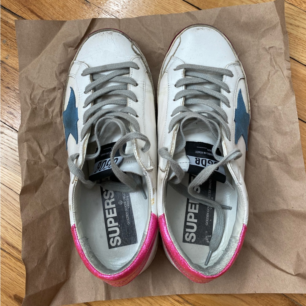 Golden Goose Deluxe Brand Superstar Sneakers 37 7 7.5 White Leather Pink Accents